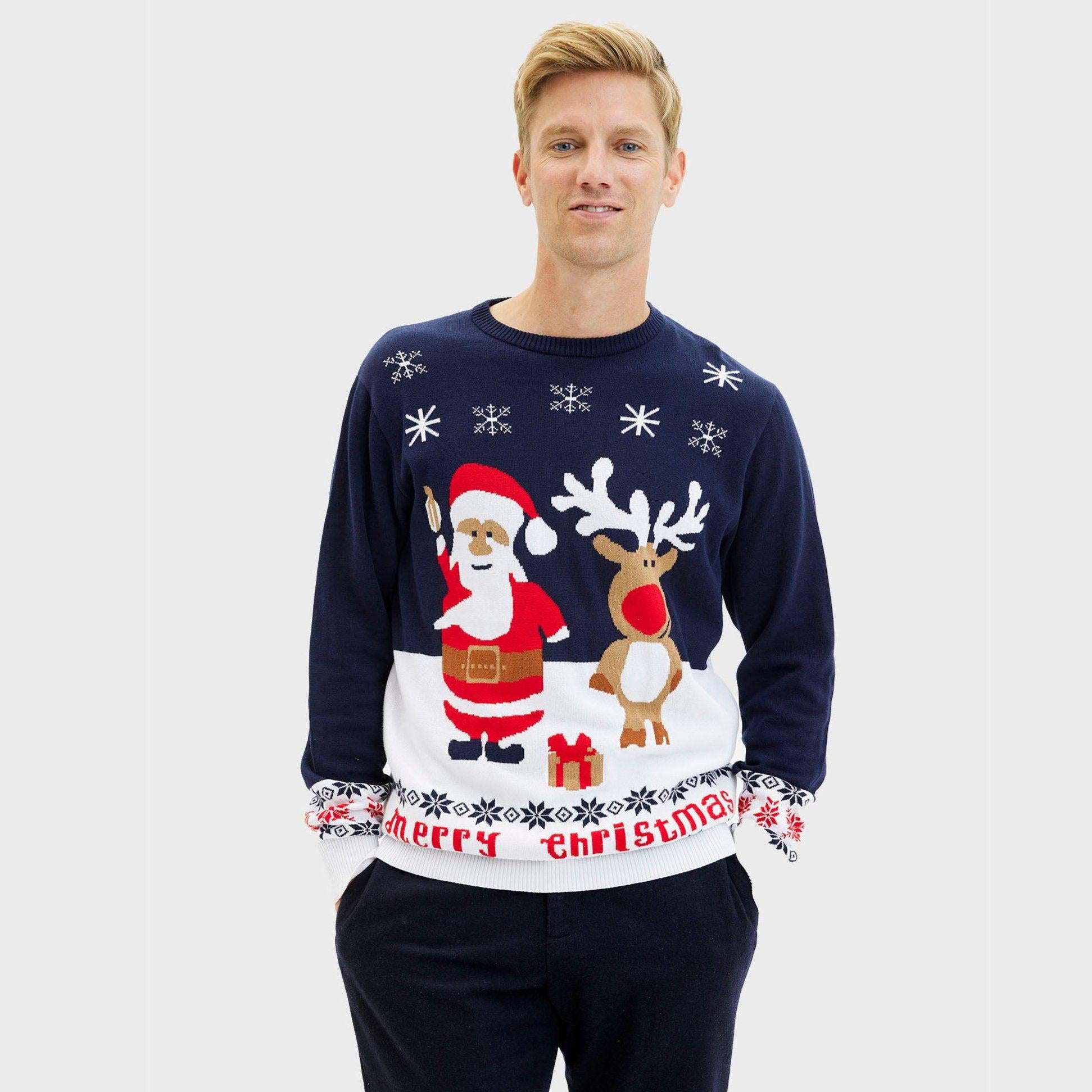 Blauer Weihnachtspullover Herren mit Santa, Rentier und Schneeflocken, nachhaltige Baumwolle.